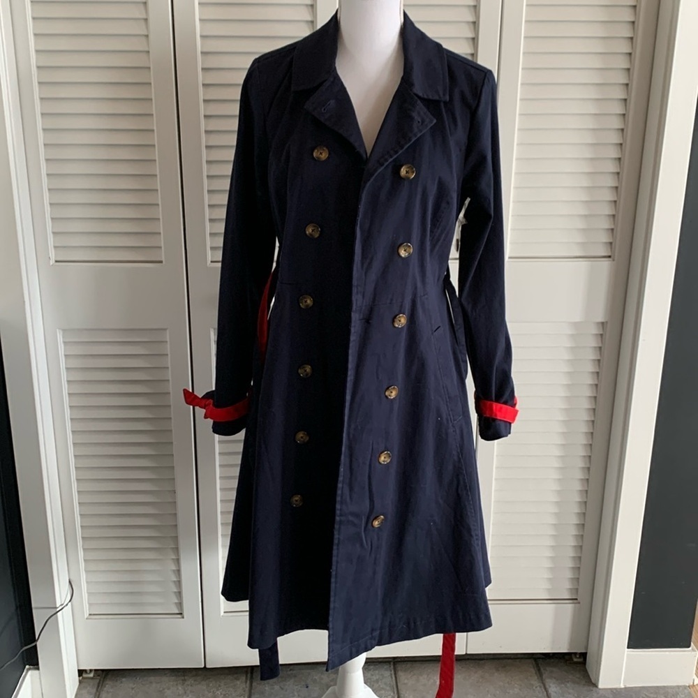 Modcloth Women's Classic Imagination Trench Coat Swing Navy Blue Red NWT Size M - Picture 2 of 16
